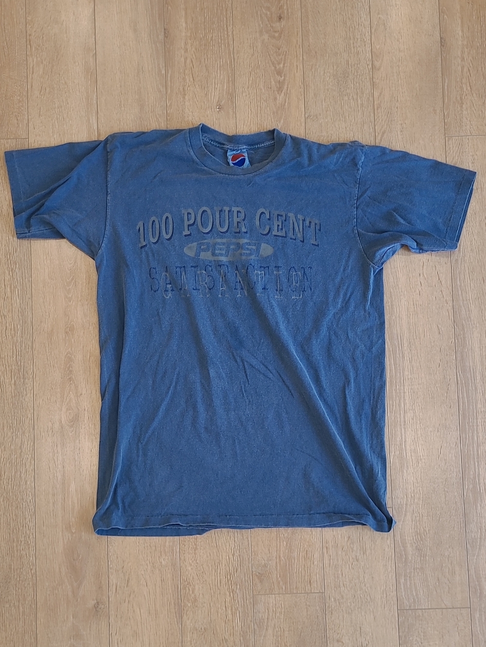 Rare 90's Vintage Pepsi T-Shirt Blue Acid Wash French 100 Pour Cent Satisfaction